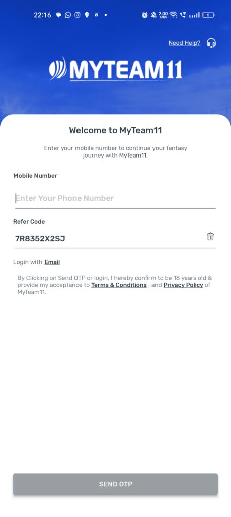 How to apply myteam11 referral code