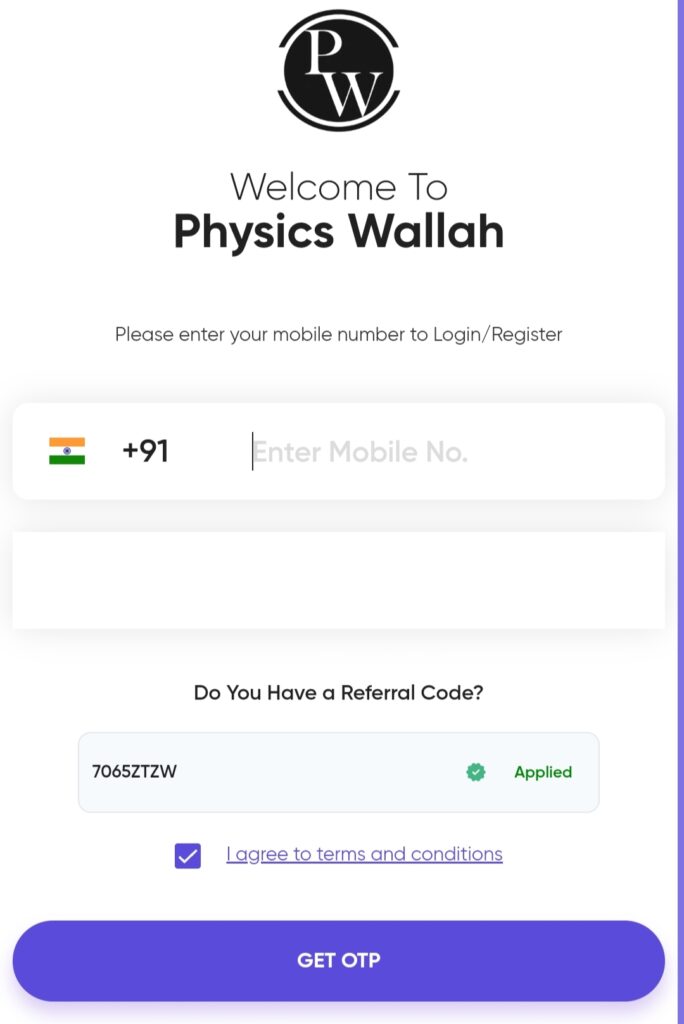 Physics Wallah Signup Process